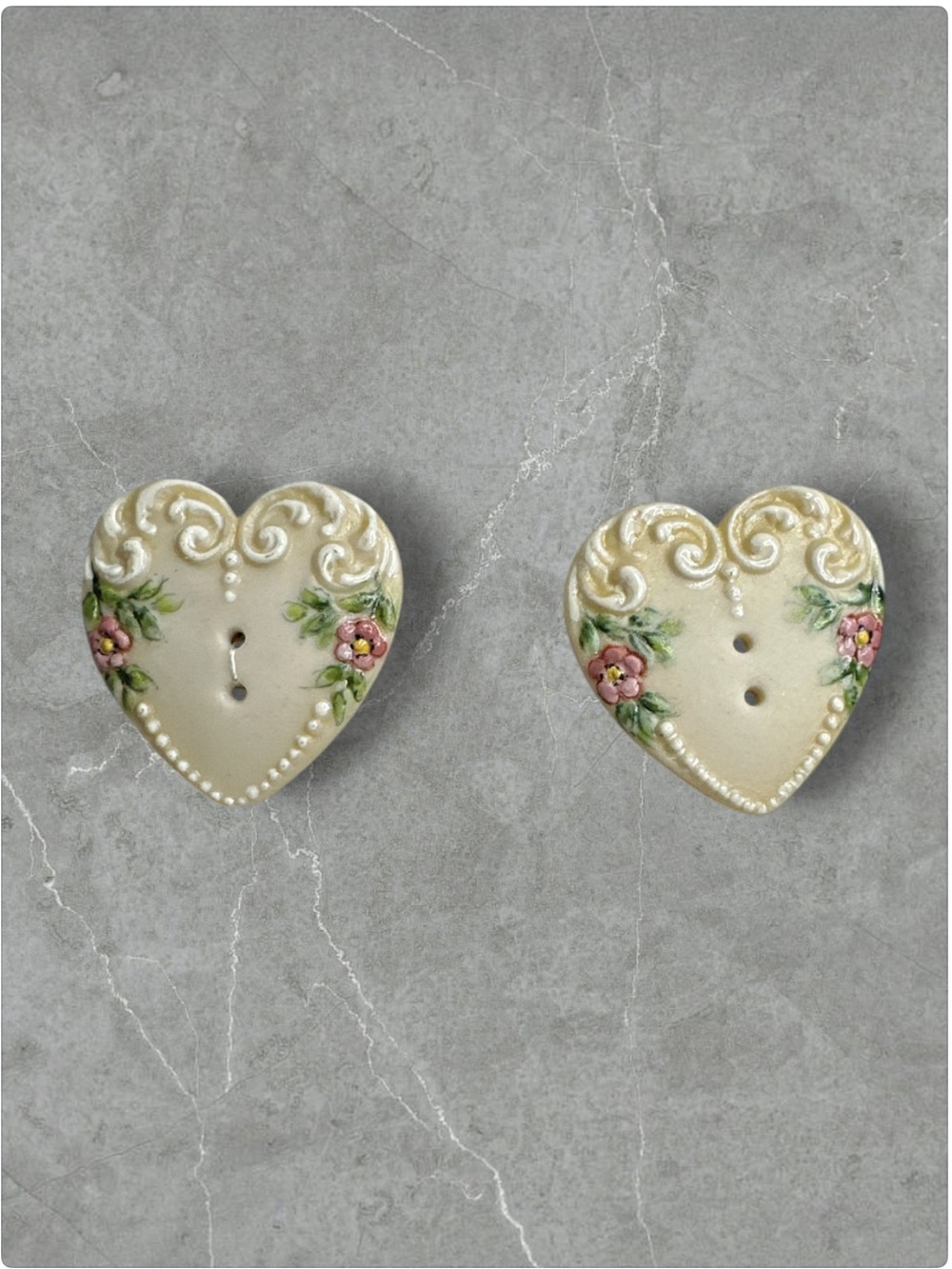 Set of 2 antique porcelain heart shaped 2 hole buttons